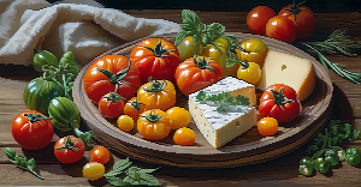 A close-up view of a platter filled with vibrant heirloom tomatoes, handmade cheese, and herbs, presented on a rustic wooden surface.