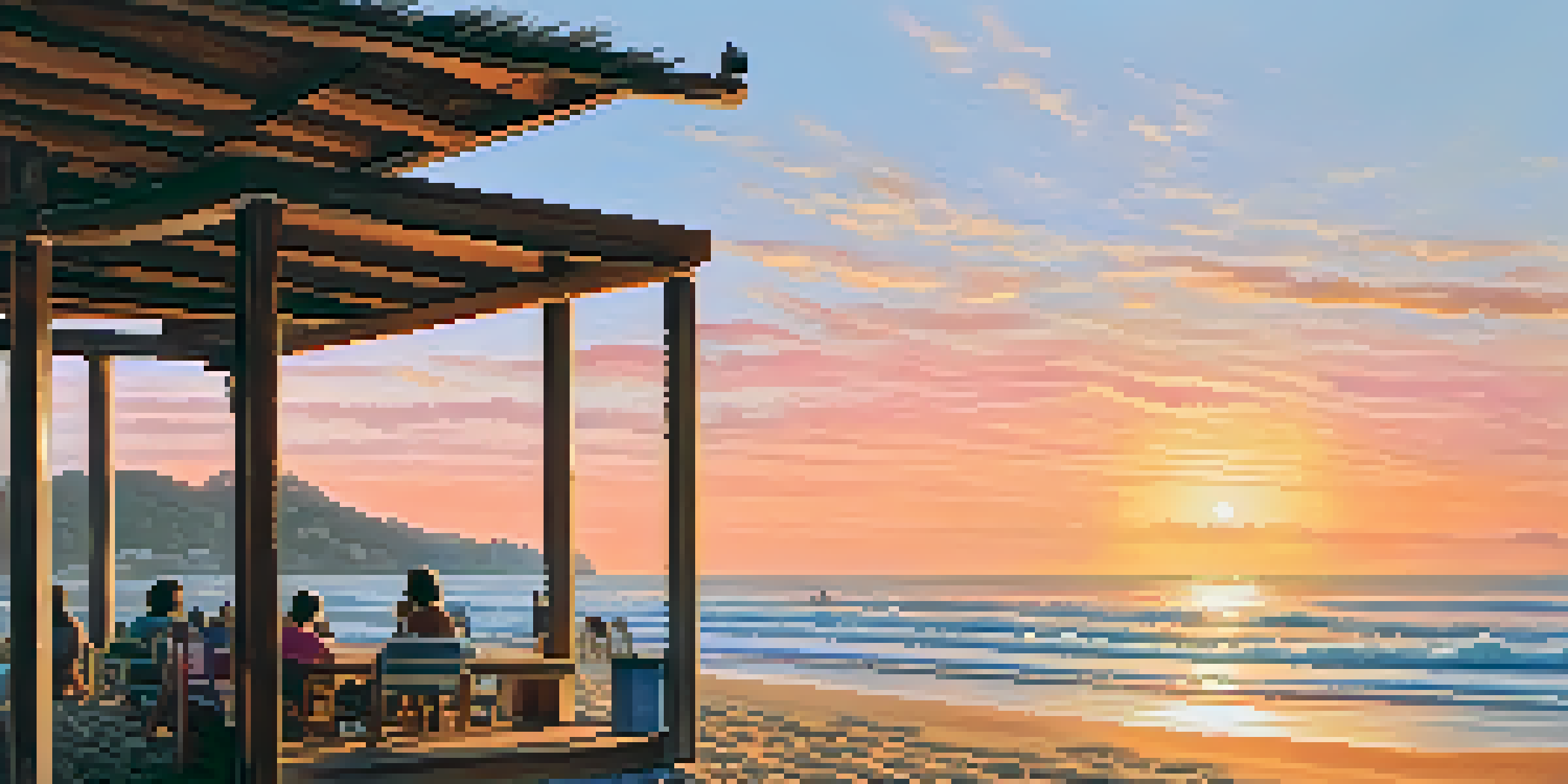 A peaceful beach scene at Punta Veleros during sunset, with golden sands and gentle waves. Beachgoers are relaxing, and a local vendor is selling seafood.