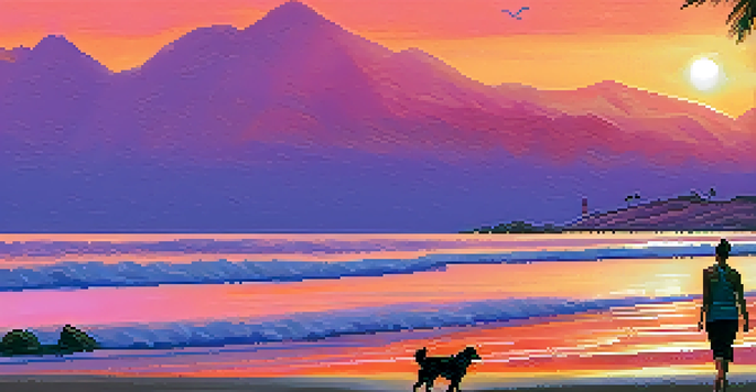 A beautiful pet-friendly beach in Peru at sunset, with a couple walking their dog along the shore.