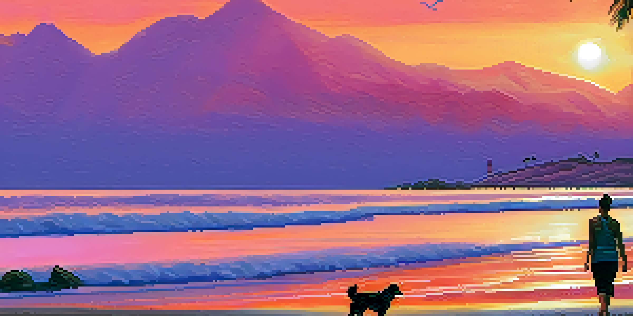 A beautiful pet-friendly beach in Peru at sunset, with a couple walking their dog along the shore.