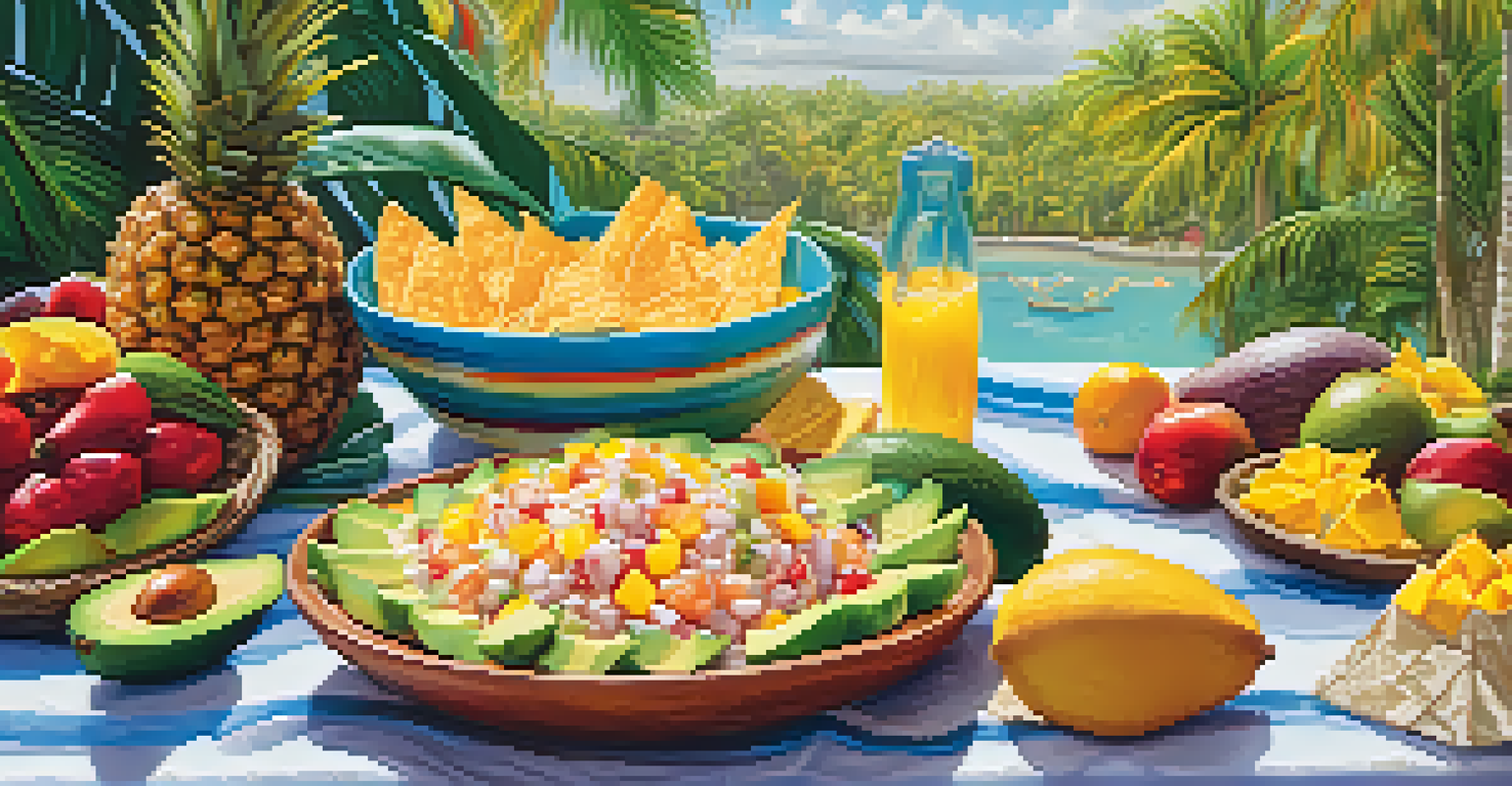 A bowl of ceviche on a picnic table with tortilla chips and tropical fruits in a sunny outdoor setting.