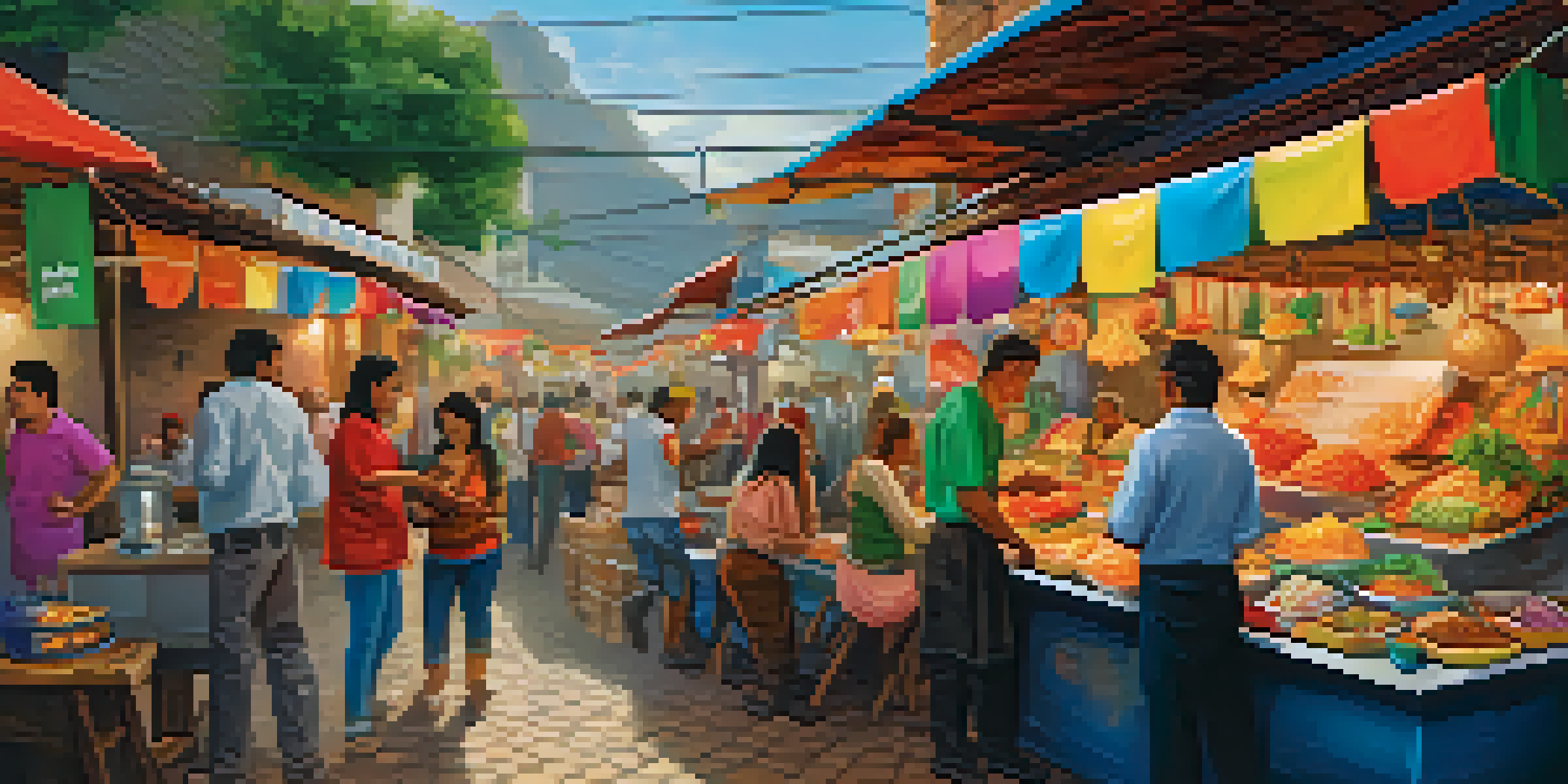 A busy market stall showcasing various Peruvian street foods, with people enjoying their meals in a colorful and vibrant setting.
