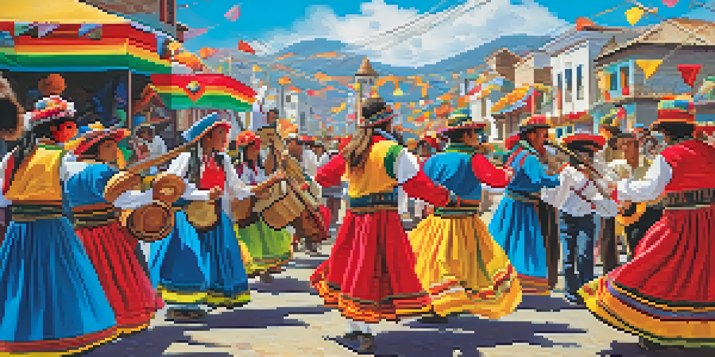 A lively Peruvian cultural festival featuring dancers in colorful traditional costumes and musicians playing Andean instruments, set against a bright blue sky.
