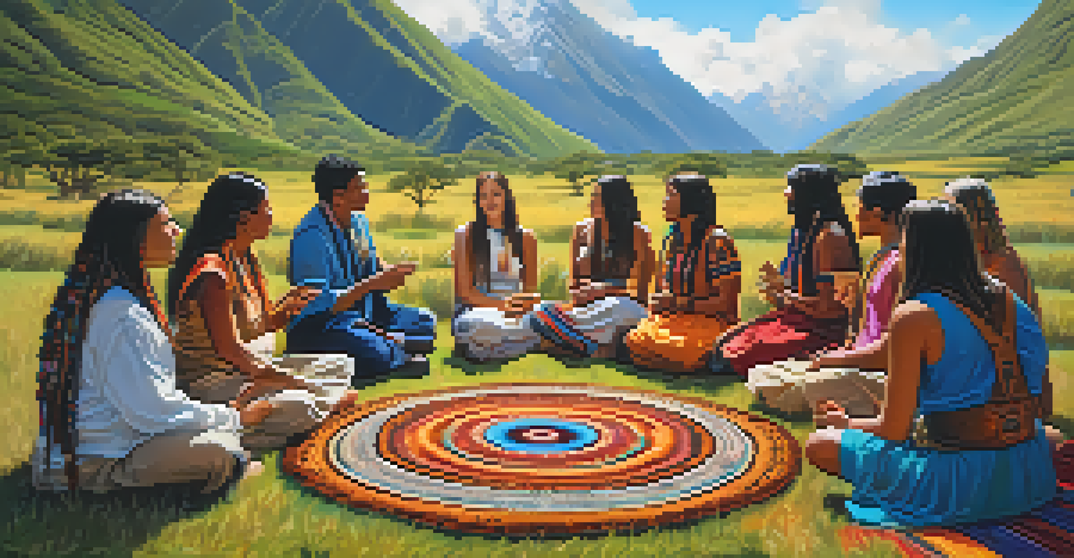 A group of travelers participating in a sound bath ceremony outdoors in Peru, surrounded by mountains and colorful flowers.