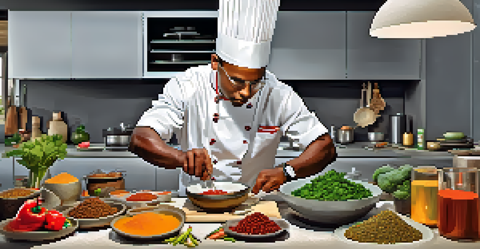 An Afro-Peruvian chef in a modern kitchen preparing traditional dishes, highlighting the fusion of historical and contemporary cooking techniques.