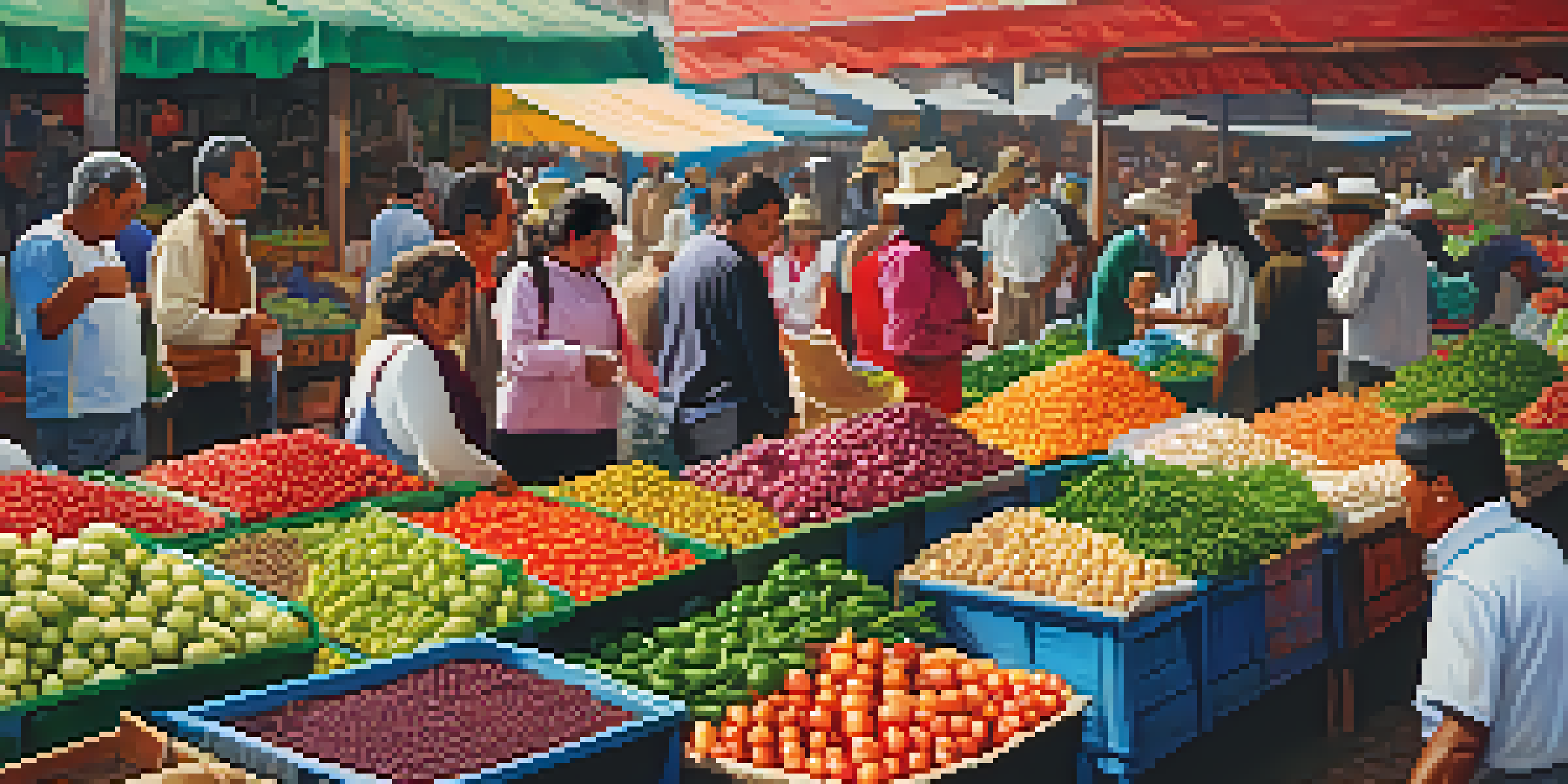 A lively Peruvian market filled with vendors selling colorful fresh produce and spices, with tourists interacting in a vibrant atmosphere.