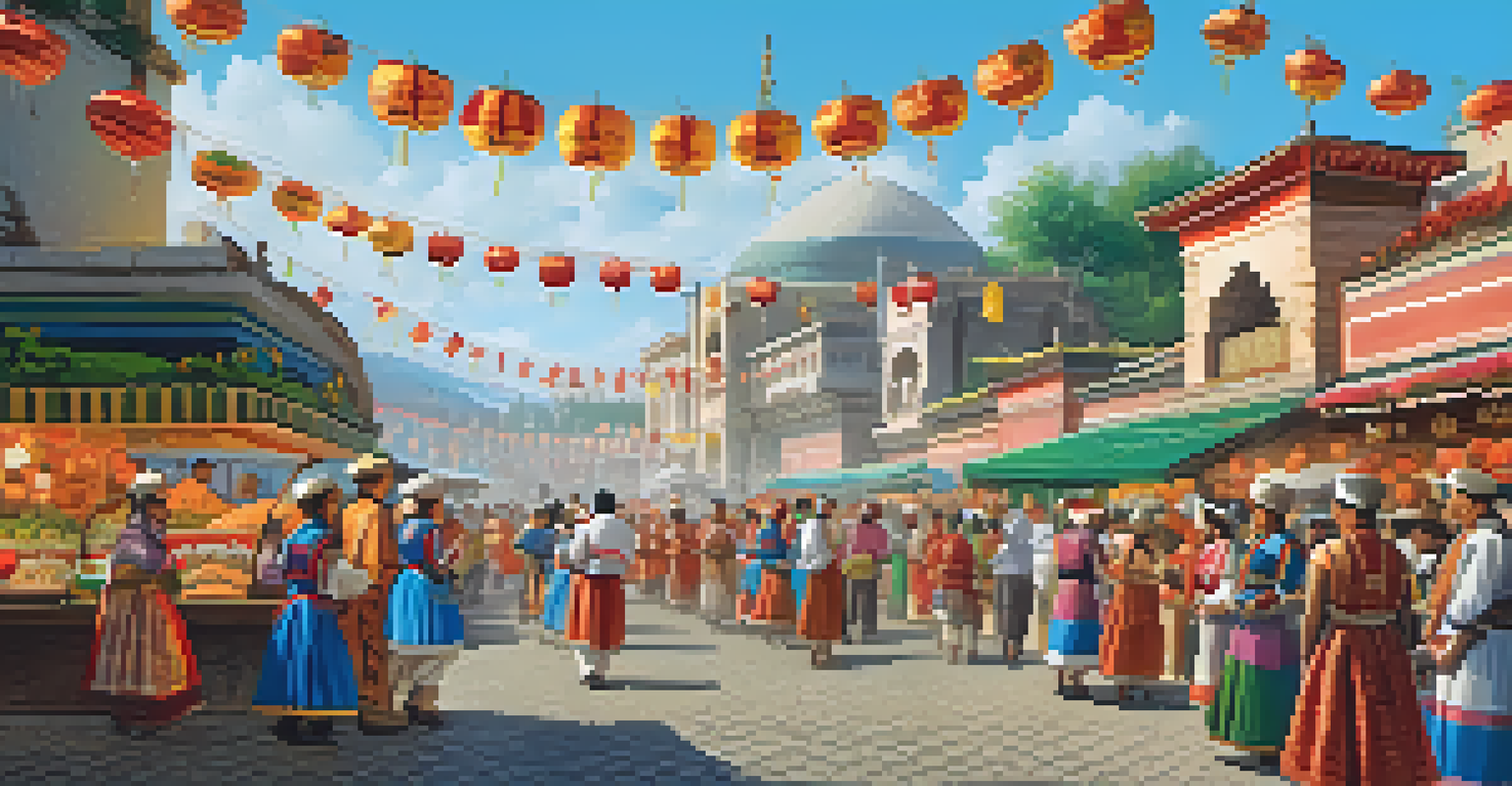 A cultural festival with locals in traditional costumes celebrating with decorations and food stalls in a historical town.