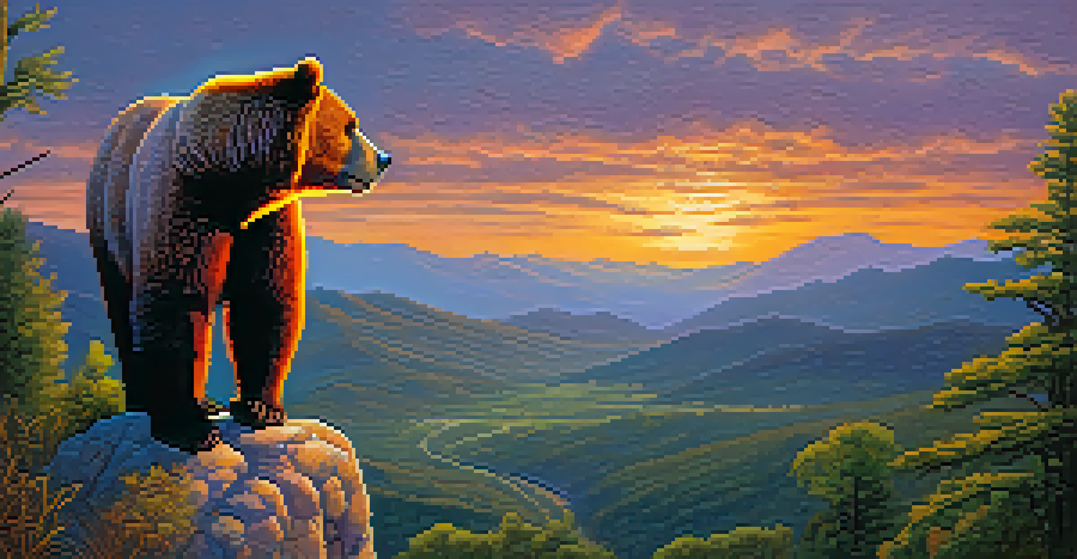 El Hombre Oso depicted as a guardian of nature, standing on a rocky outcrop with a sunset in the background, overlooking a lush valley filled with wildlife.