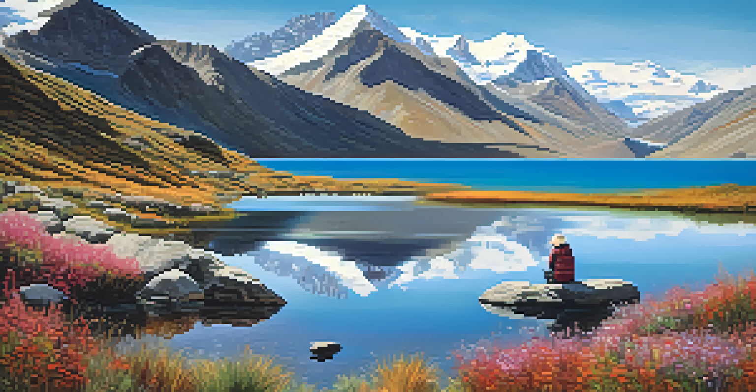 A peaceful high-altitude lake in the Andes with snow-capped mountains.