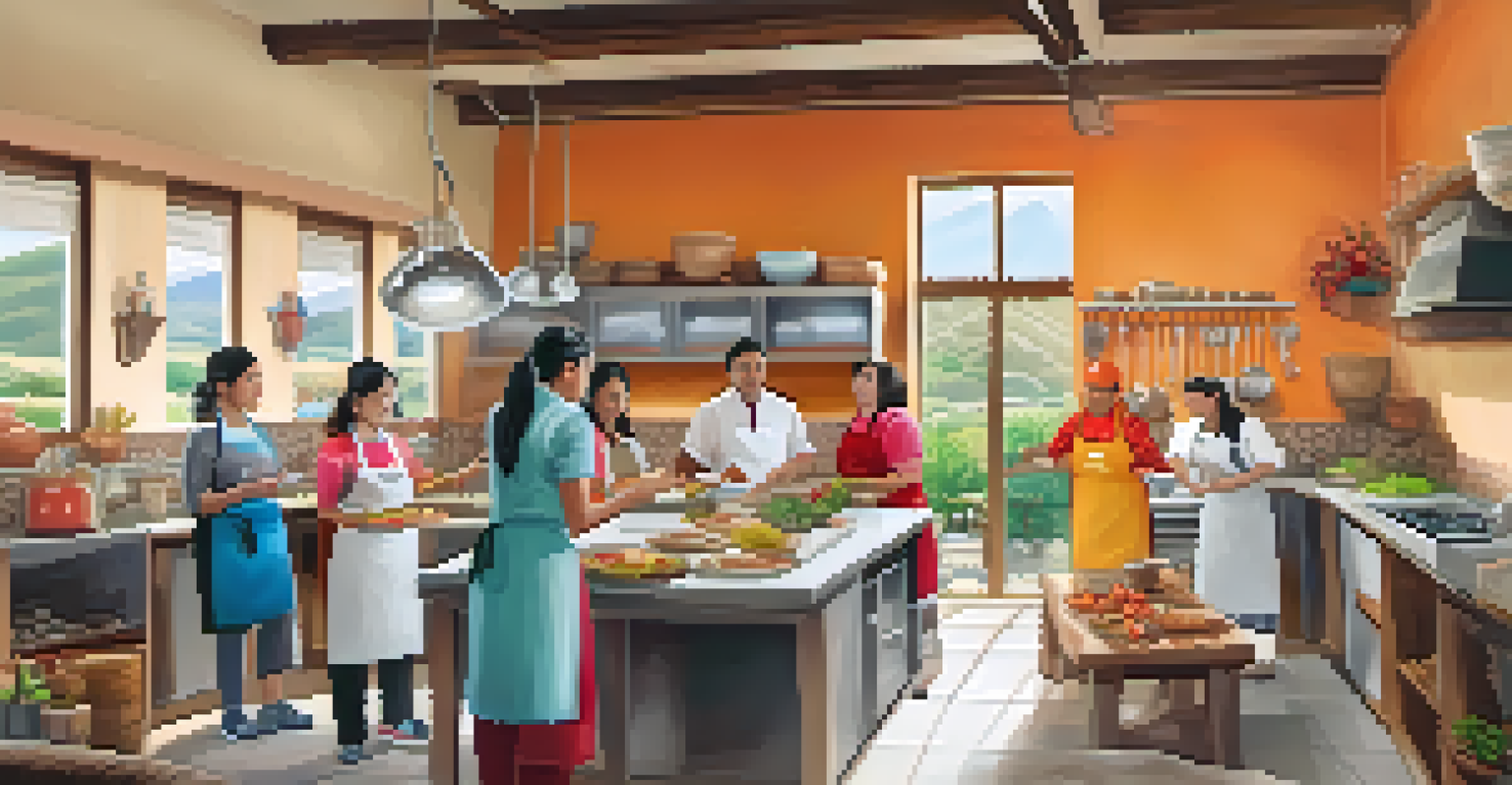 Participants in a cooking class in Peru, learning to cook traditional dishes in an accessible kitchen.