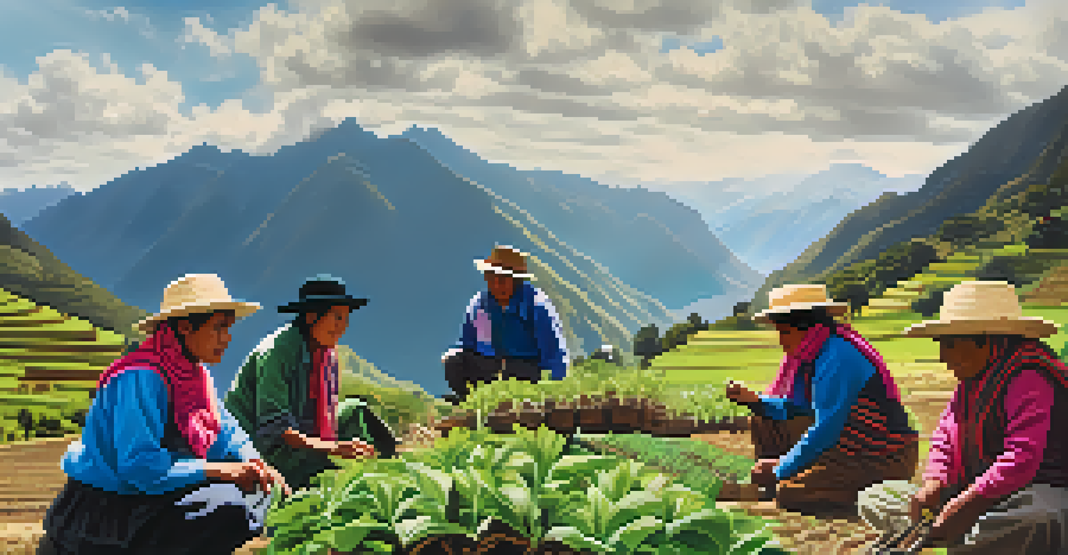 Local Peruvian community members participating in sustainable farming amidst stunning mountainous landscapes, showcasing cultural and environmental harmony.