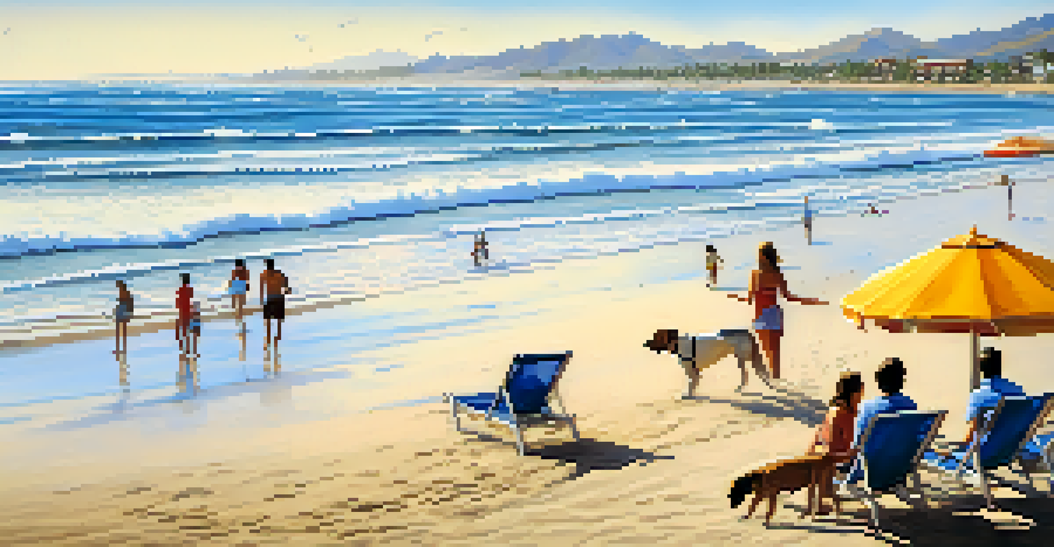 A sunny beach in Mancora with dogs playing in the waves and people relaxing by the shore.