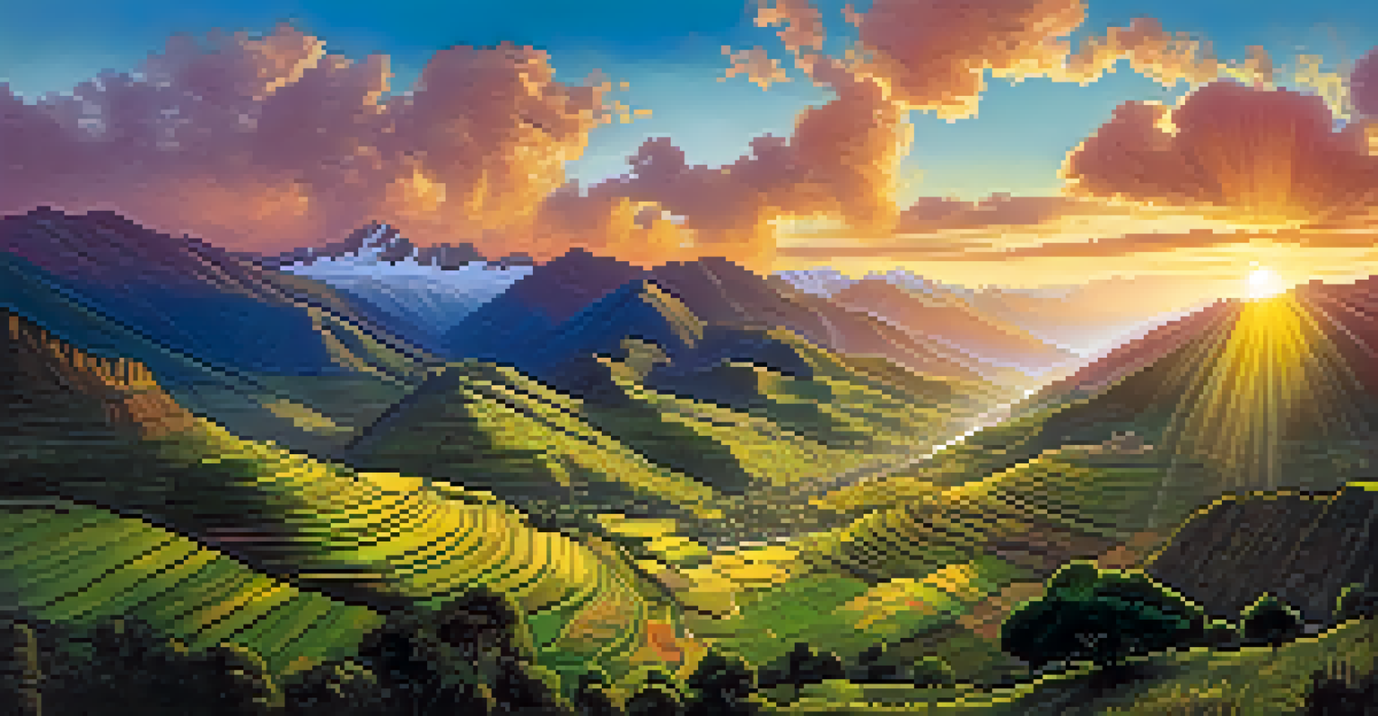 A panoramic view of the Sacred Valley at sunset, featuring rolling hills, mountains, and ancient Inca ruins under a colorful sky.