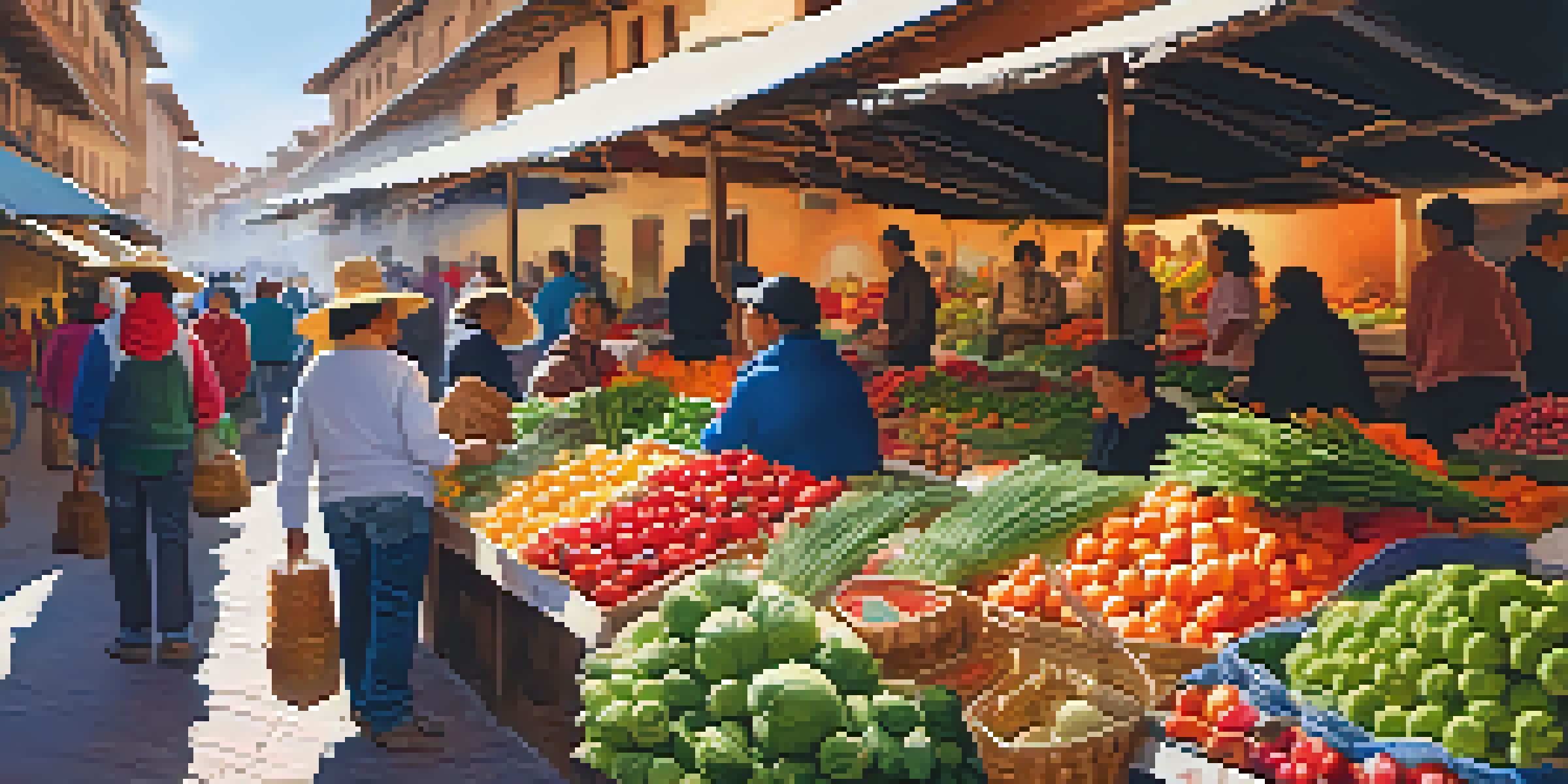 A vibrant market scene in Cusco with colorful stalls displaying fresh fruits and vegetables, and local vendors engaging with customers.