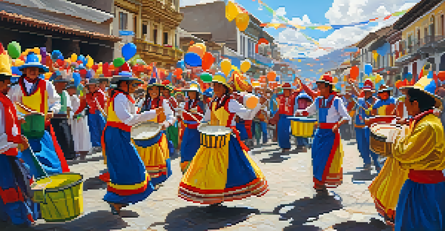 People in colorful costumes participate in a water fight during Carnaval in Cajamarca, Peru, surrounded by festive decorations.
