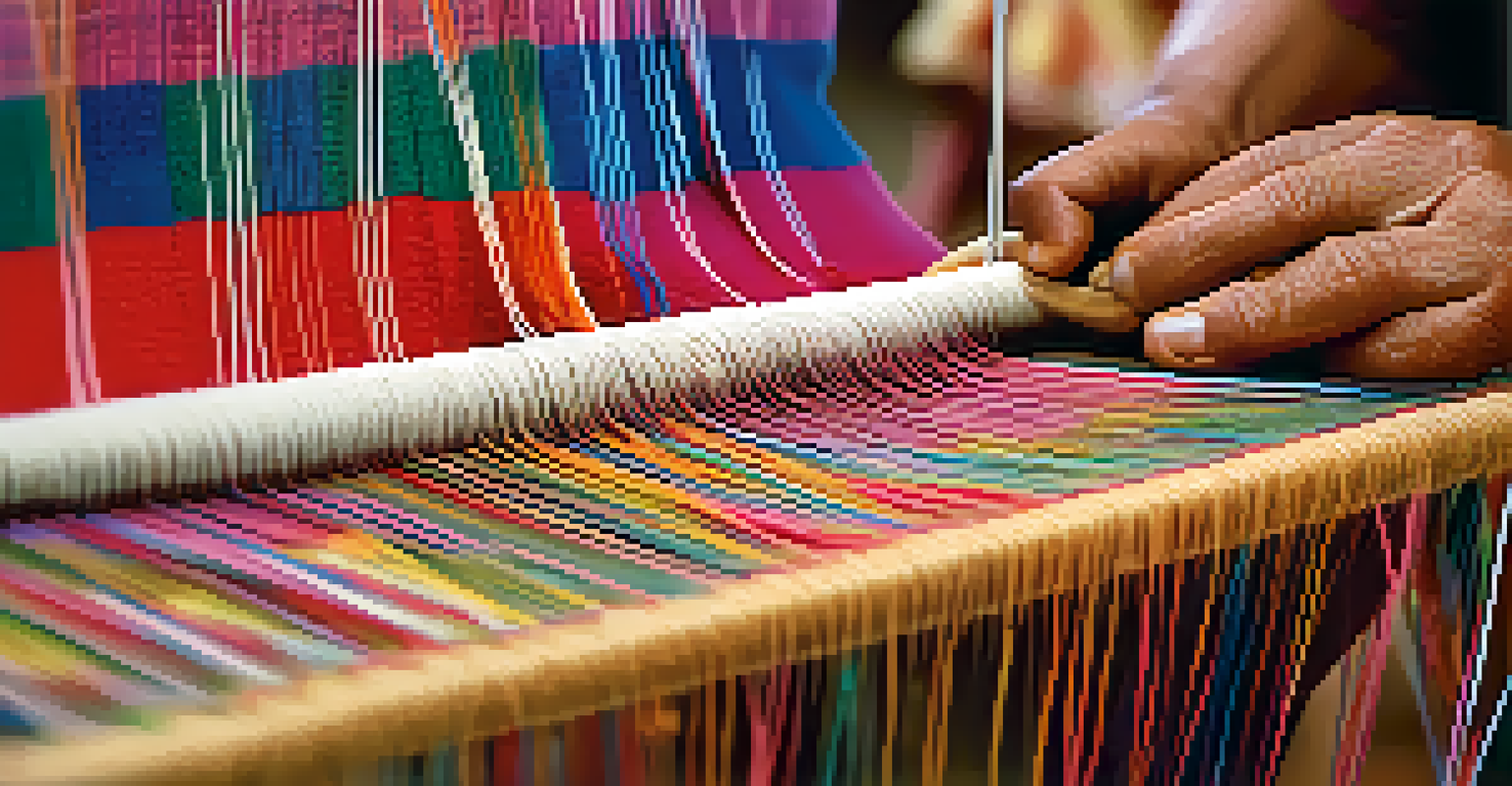 A close-up of a Peruvian artisan weaving on a backstrap loom, highlighting colorful threads and intricate designs under soft natural light.