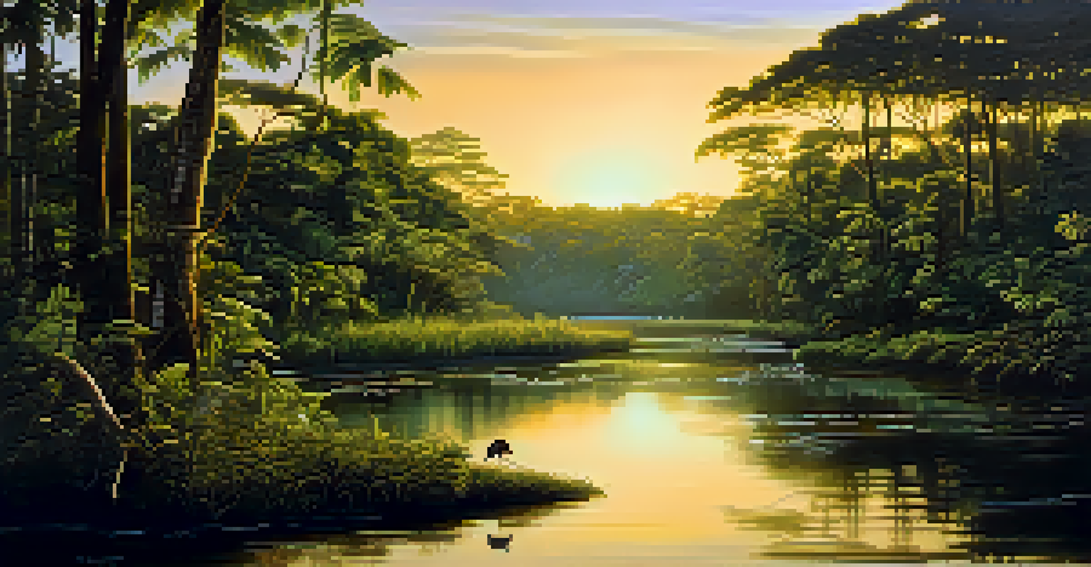 The Amazon River winding through the rainforest, surrounded by dense vegetation and wildlife, illuminated by warm golden sunset light.