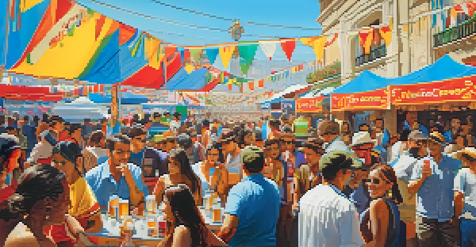 A lively crowd at a beer festival in Lima, with colorful booths and musicians in the background.