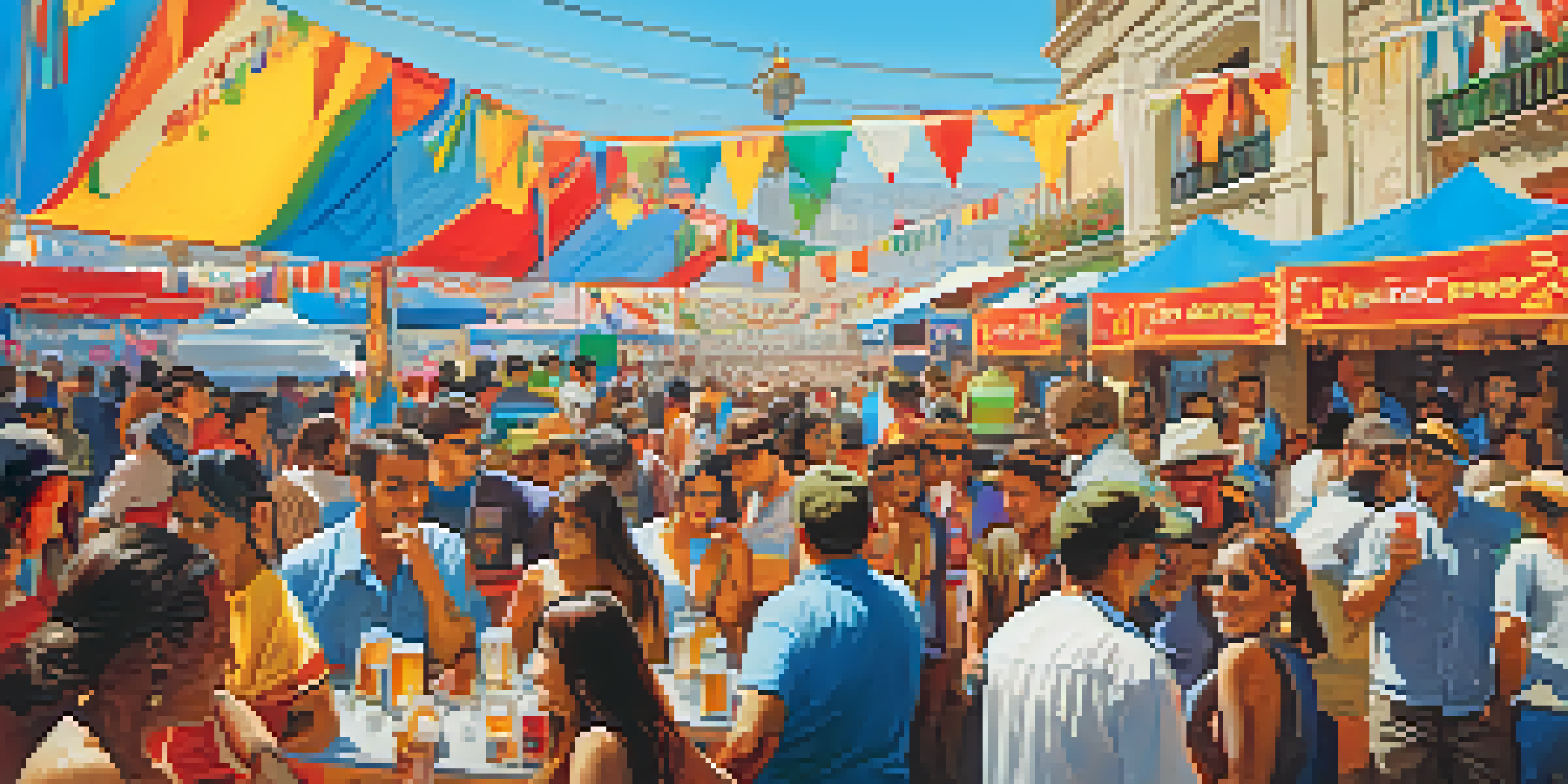 A lively crowd at a beer festival in Lima, with colorful booths and musicians in the background.