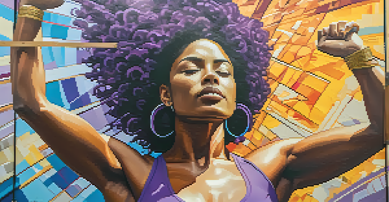 A mural emphasizing gender equality, showcasing a strong woman in an empowering pose with an abstract background in vibrant colors.