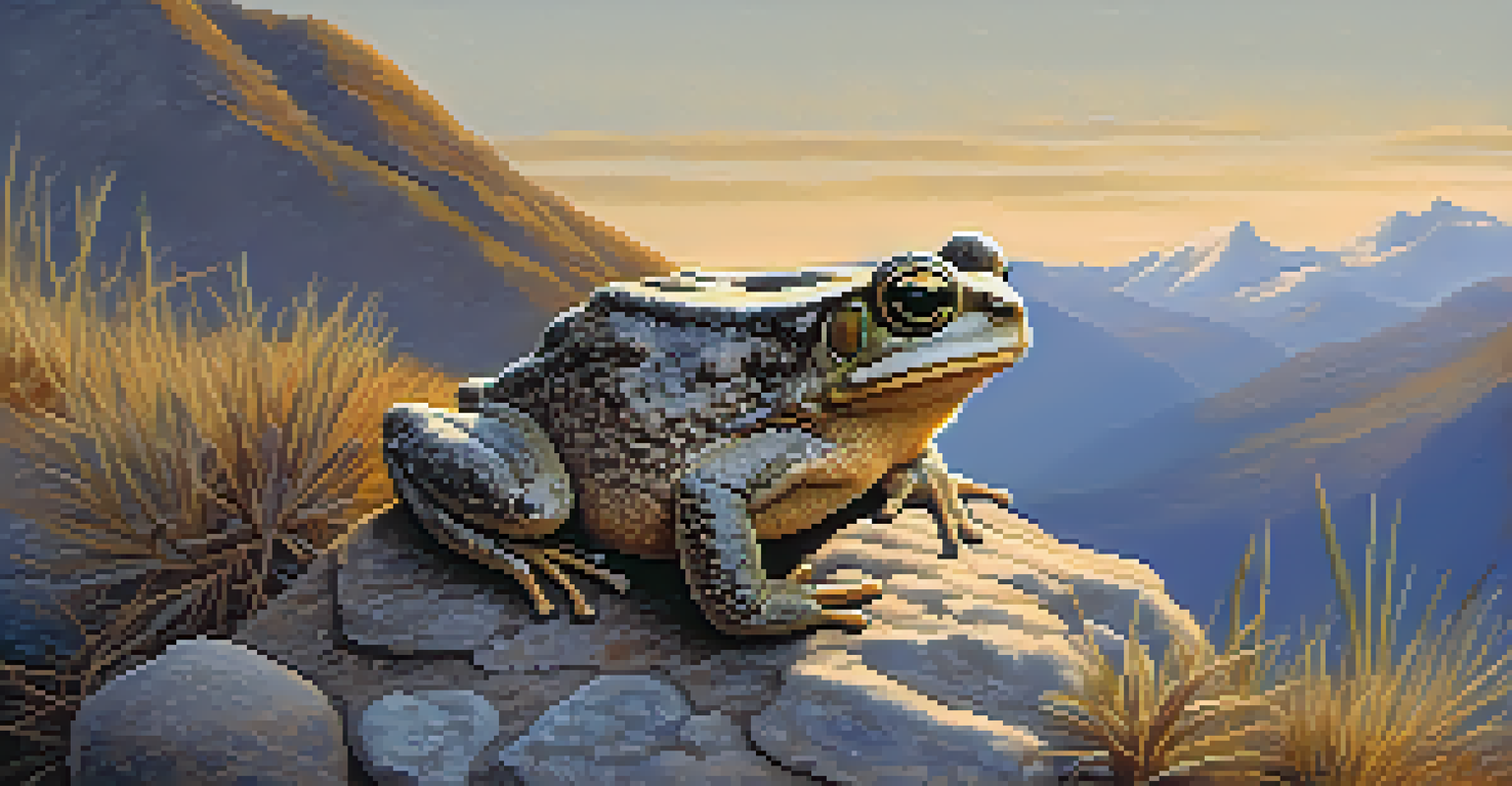 An Andean toad on rocky ground with mountains in the background, illuminated by golden sunset light.