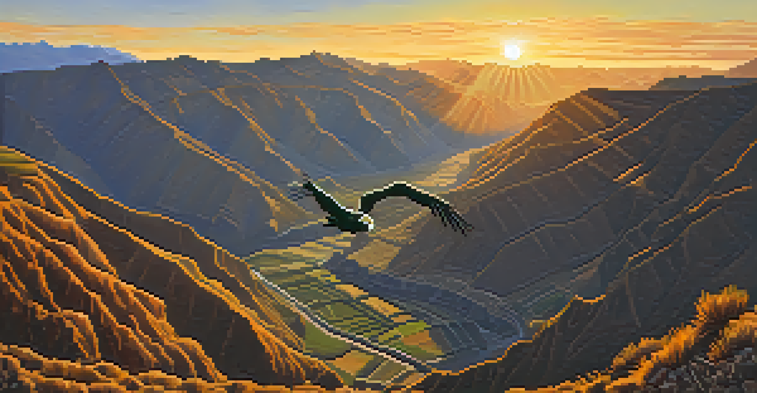 A condor flies over Colca Canyon at sunset, with terraced fields below and an orange sky.
