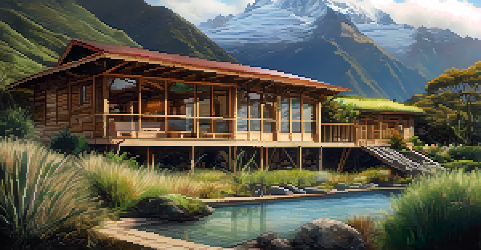 A cozy eco-lodge in the Andes, surrounded by mountains and a garden, showcasing natural materials and tranquility.