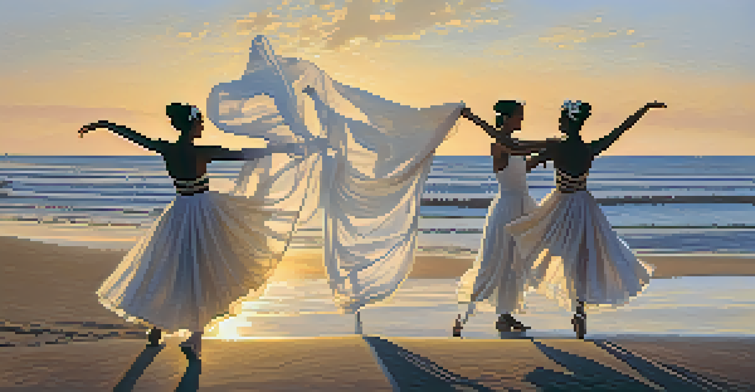 Dancers performing the marinera on a beach at sunset, with flowing costumes and handkerchiefs, creating a romantic atmosphere.