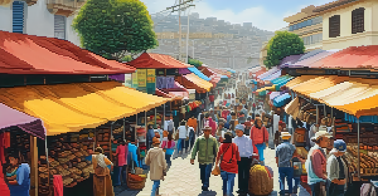 An artisan market in Miraflores, Lima, featuring colorful stalls with handmade crafts and textiles, showcasing local artisans and visitors.