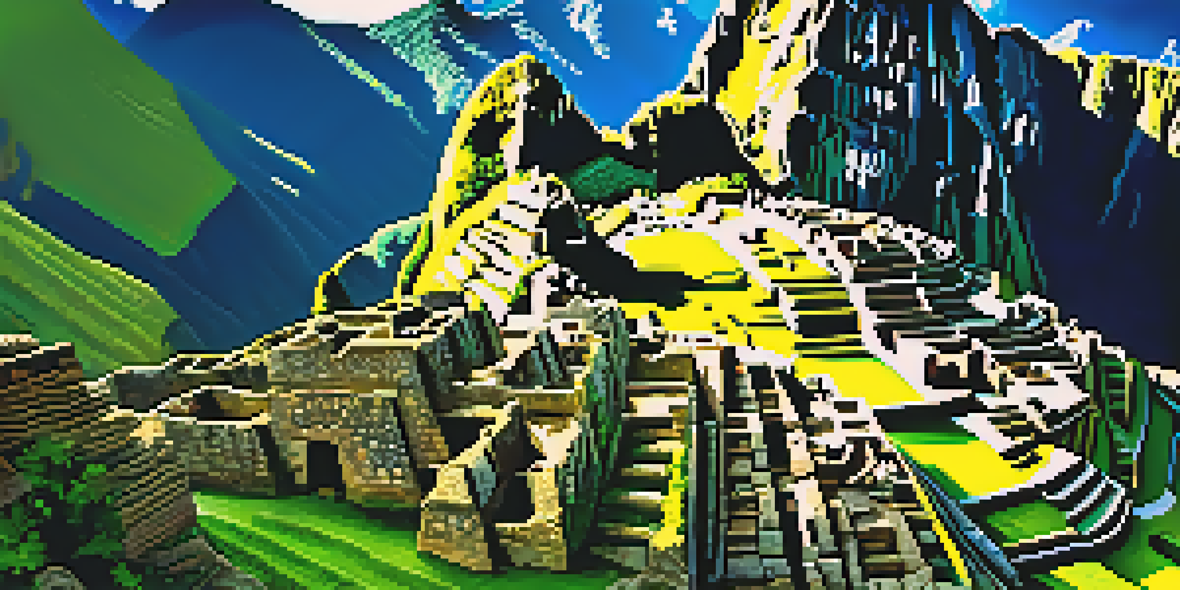 An aerial view of Machu Picchu with green mountains and morning sunlight illuminating the ancient ruins.