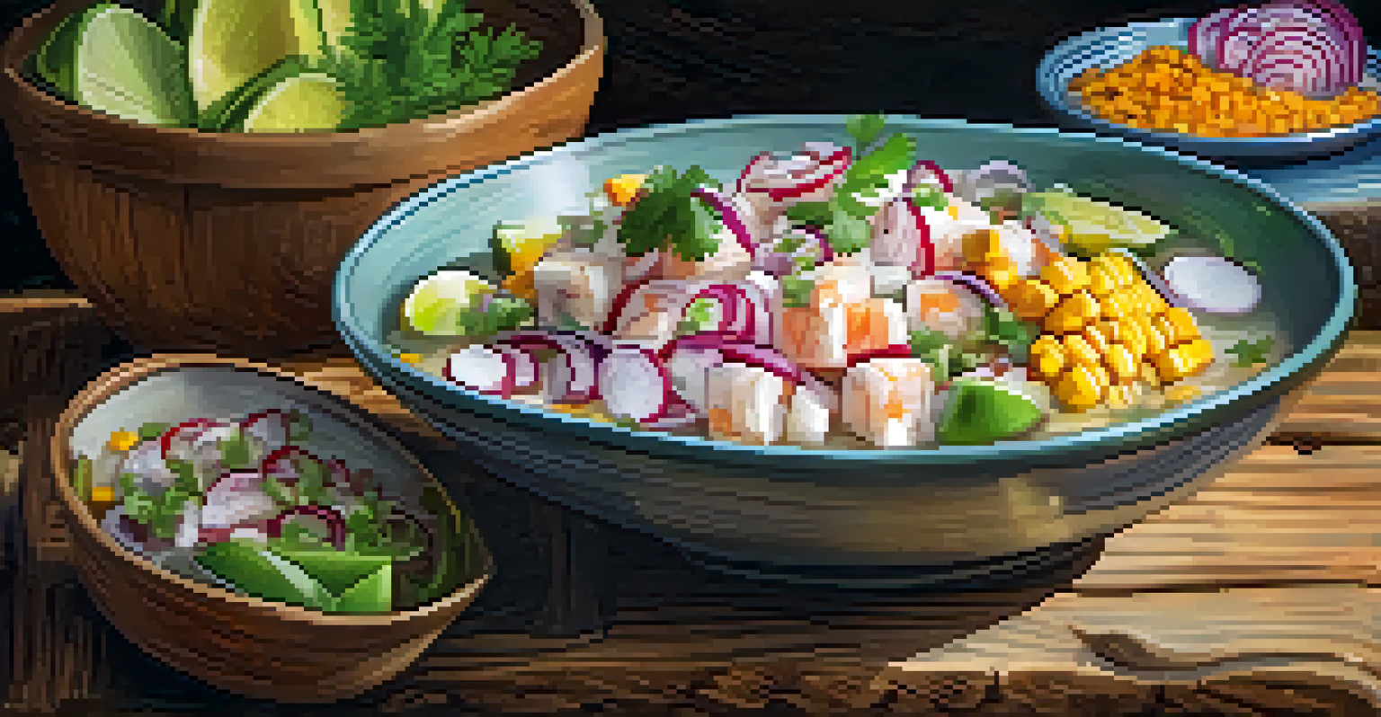 A close-up of ceviche, a traditional Peruvian dish with fresh fish, lime, cilantro, and garnishes on a wooden table.