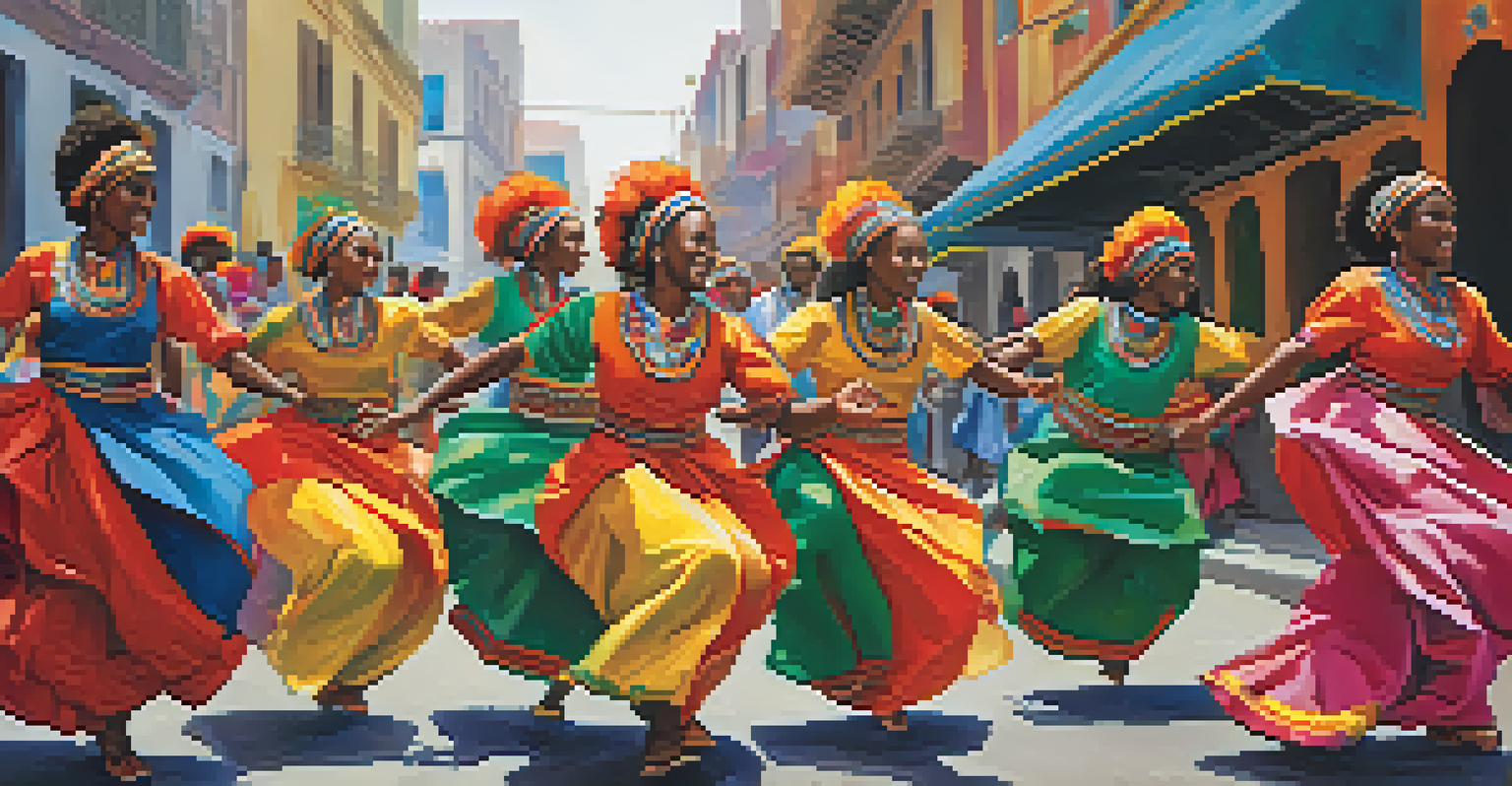 A group of dancers performing the Festejo dance in vibrant Afro-Peruvian costumes against an urban backdrop, highlighting their energetic movements.
