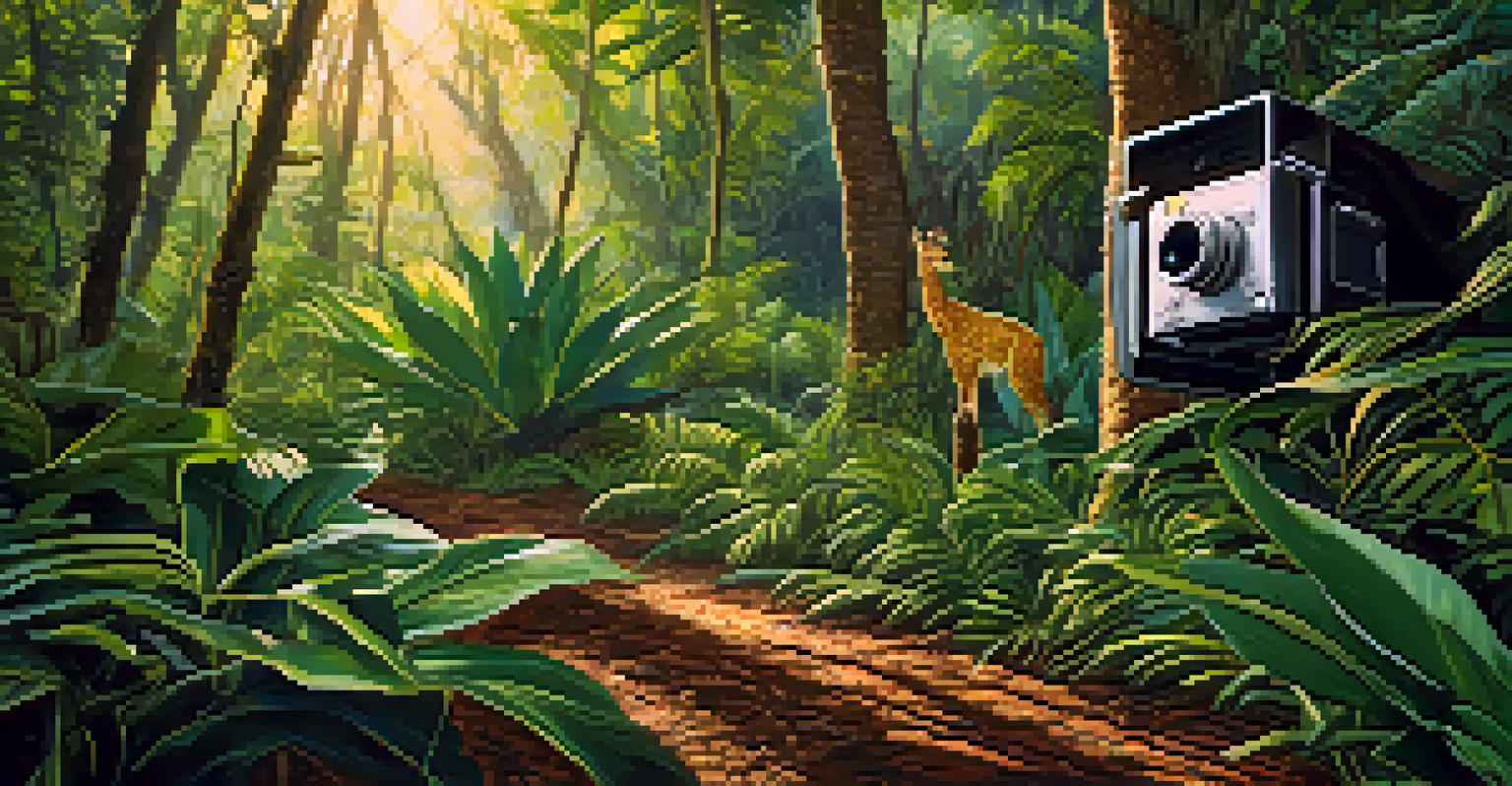 Close-up of a camera trap in a jungle setting, surrounded by lush green plants and trees.