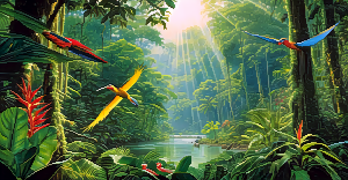 A colorful and vibrant depiction of the Amazon Rainforest in Peru, featuring various wildlife and sunlight filtering through the trees.