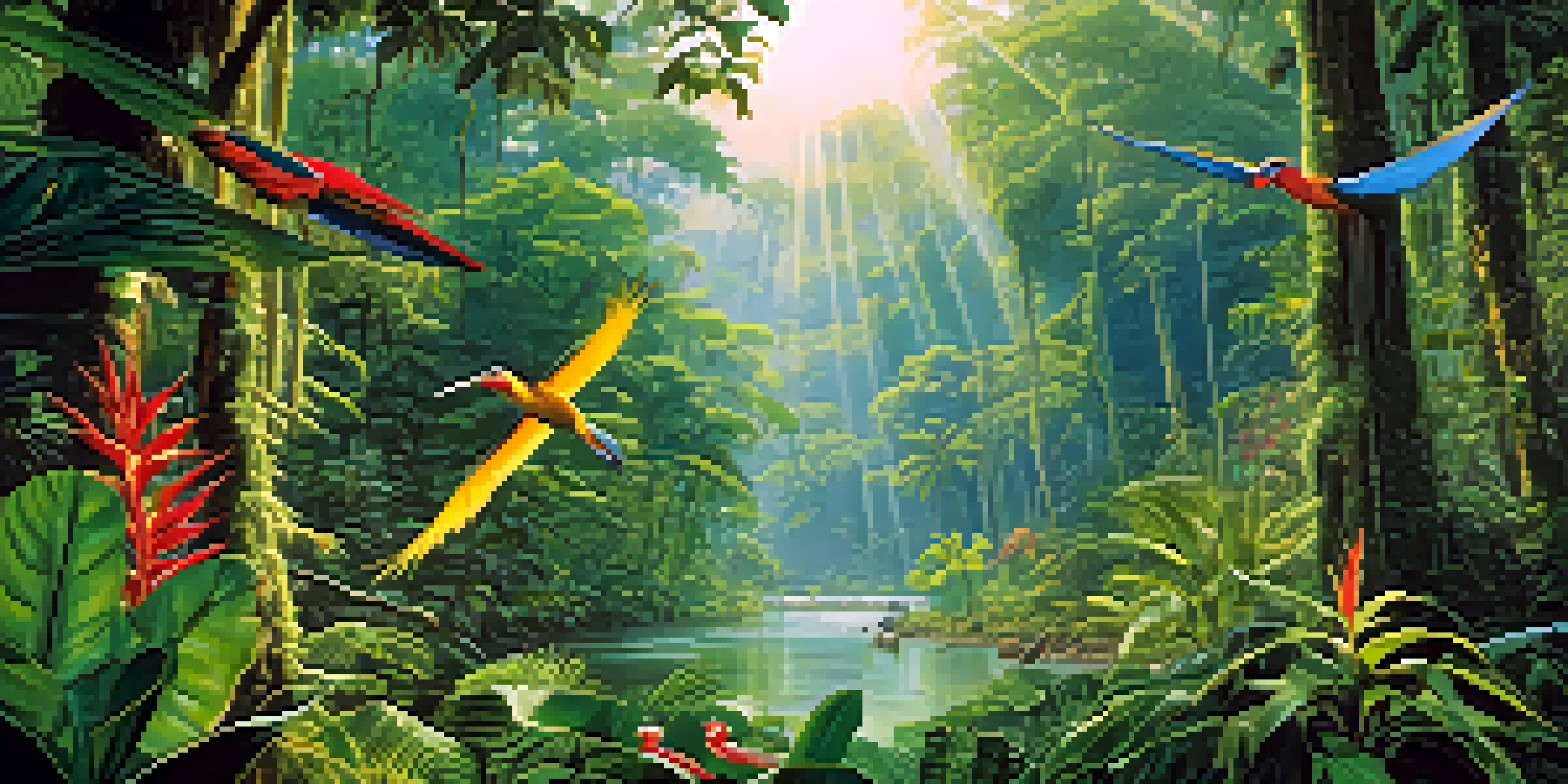 A colorful and vibrant depiction of the Amazon Rainforest in Peru, featuring various wildlife and sunlight filtering through the trees.