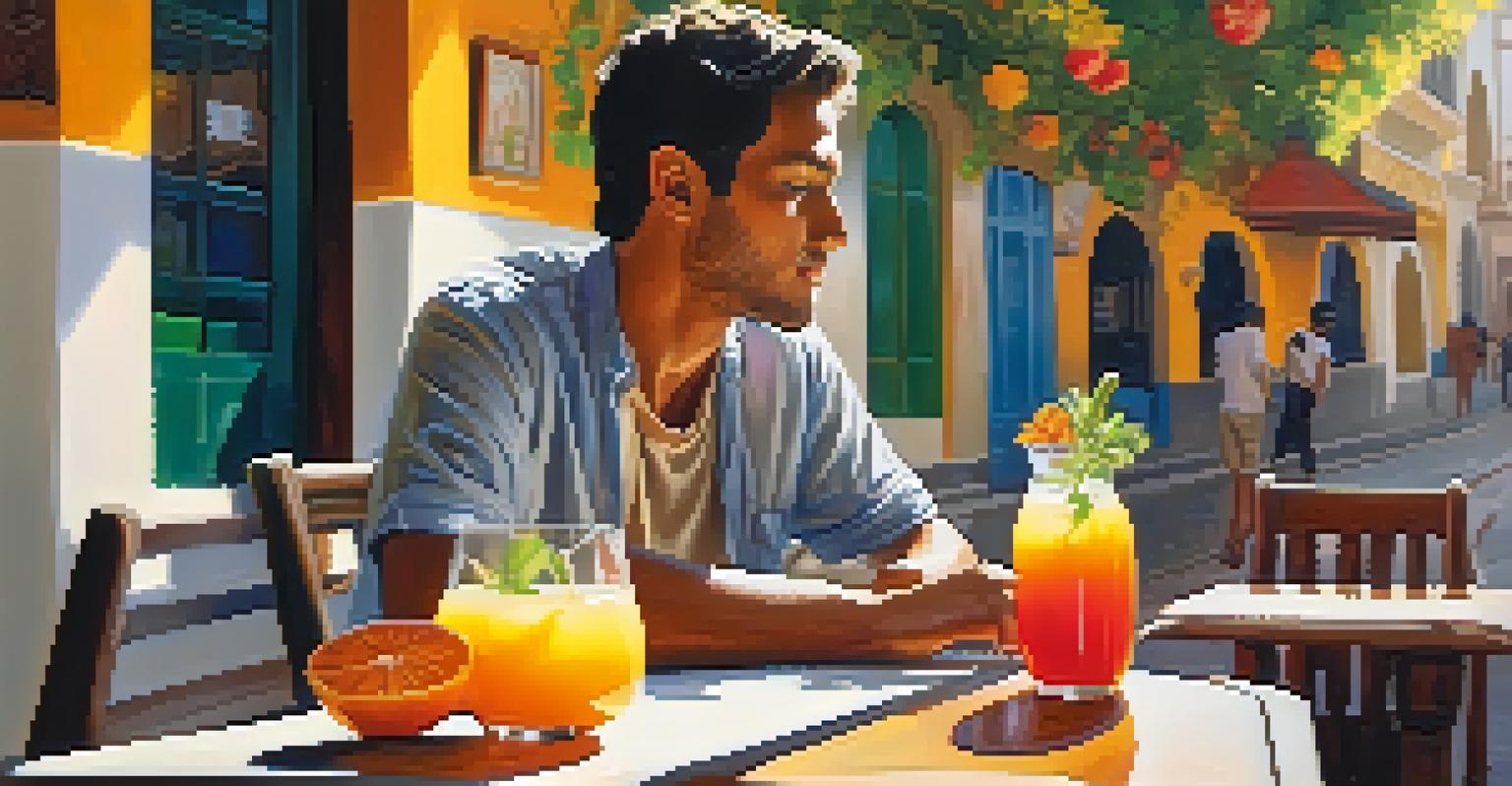 A traveler at a cafe in Peru enjoying a drink, seated at a table surrounded by lush greenery and colorful flowers, with sunlight filtering through.
