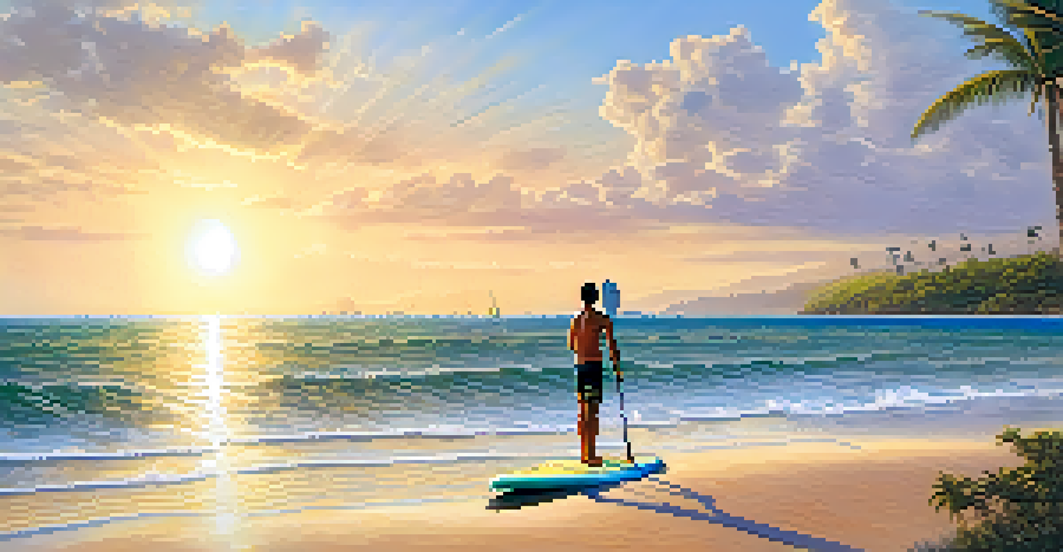 A person paddleboarding in the calm waters of Punta Sal, surrounded by beautiful coastline and sunlight sparkling on the water.