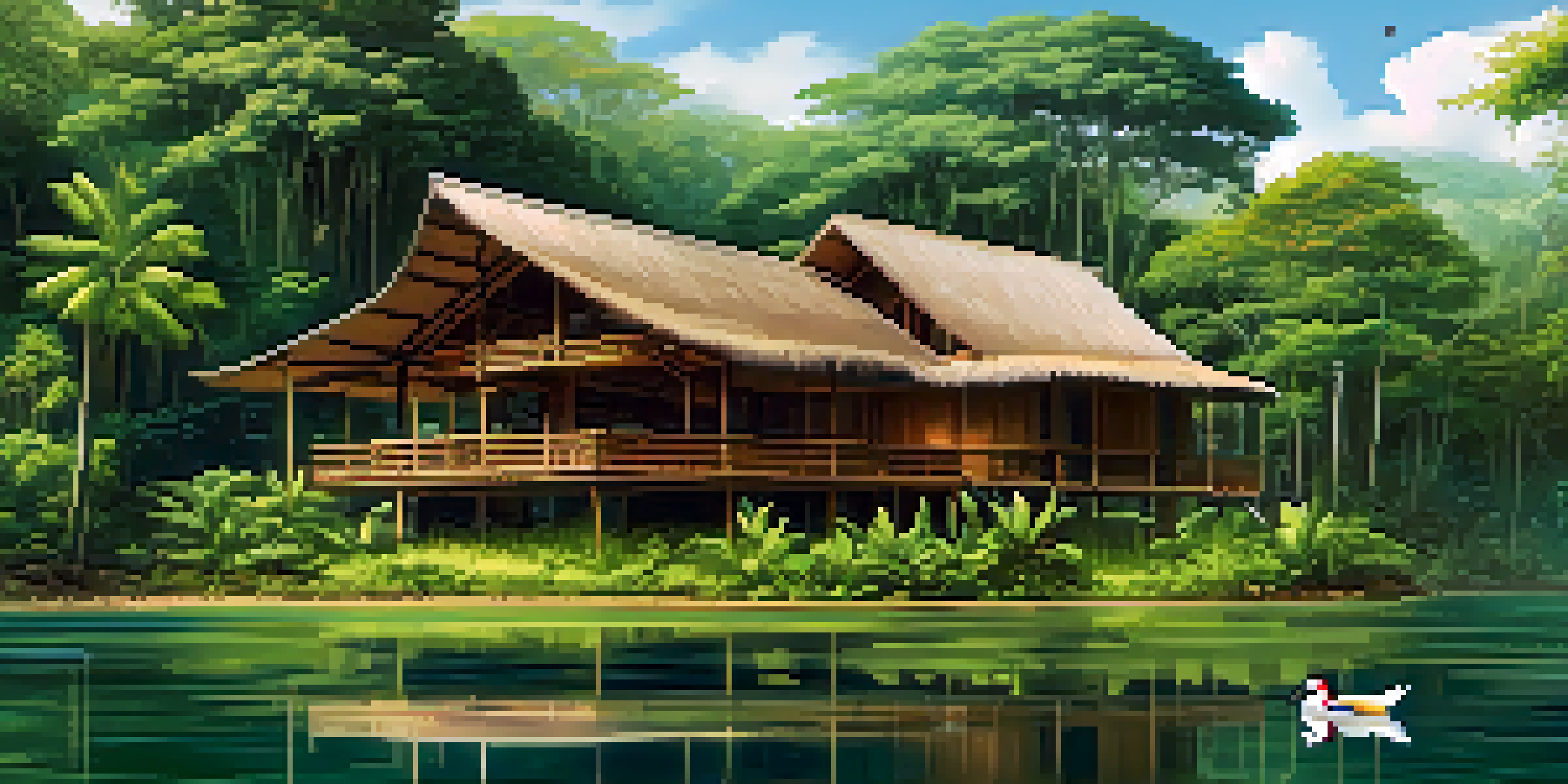 An eco-lodge surrounded by the Amazon rainforest with wooden architecture and a river in the foreground.
