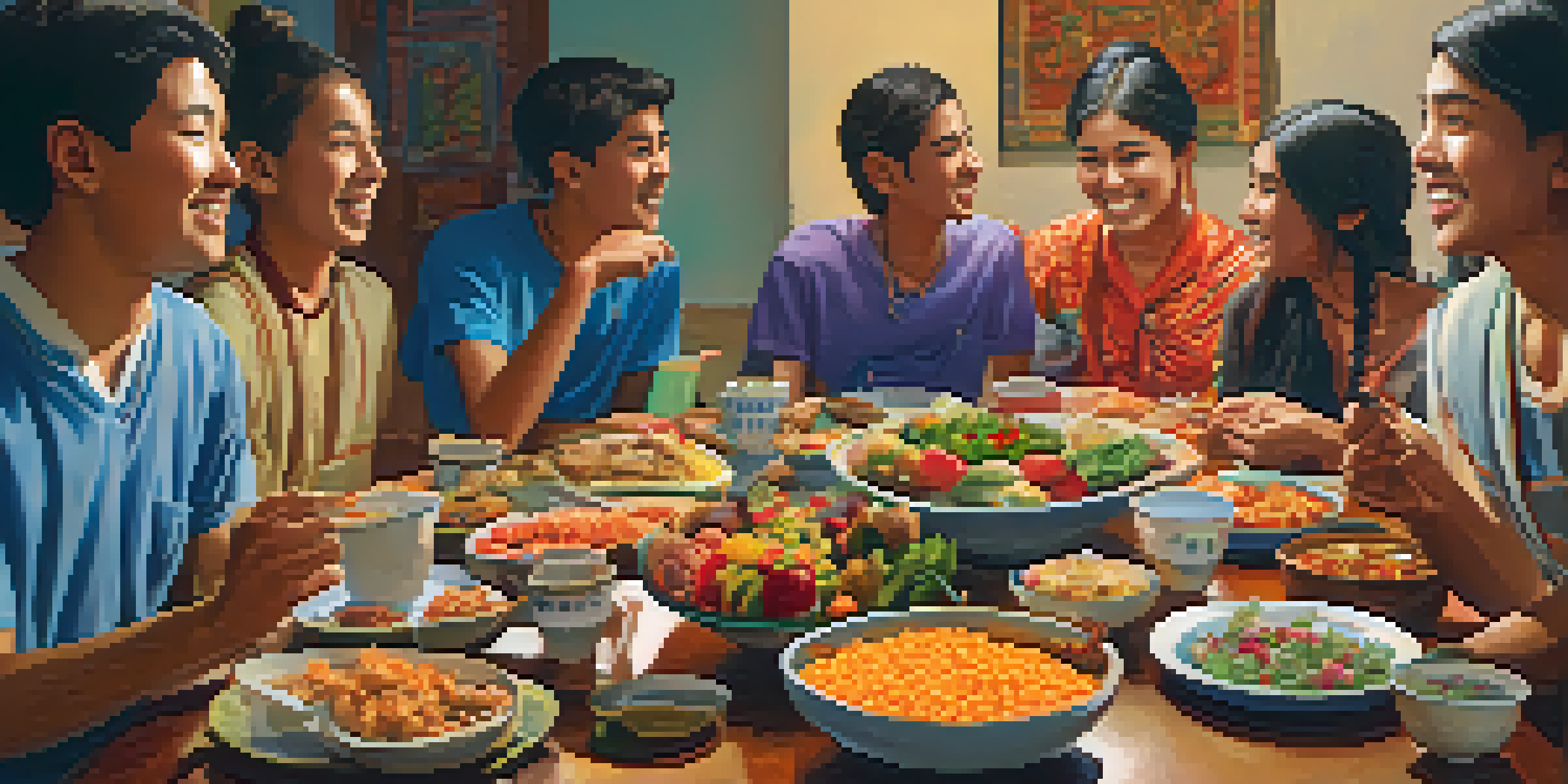 A diverse group of students sharing traditional foods and stories in a cozy room, showcasing cultural exchange and interaction.