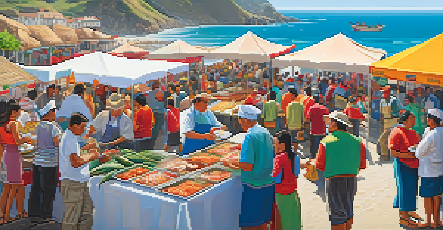 A culinary festival along the Peruvian coast with seafood dishes on display, chefs interacting with visitors, and a beautiful coastal view.