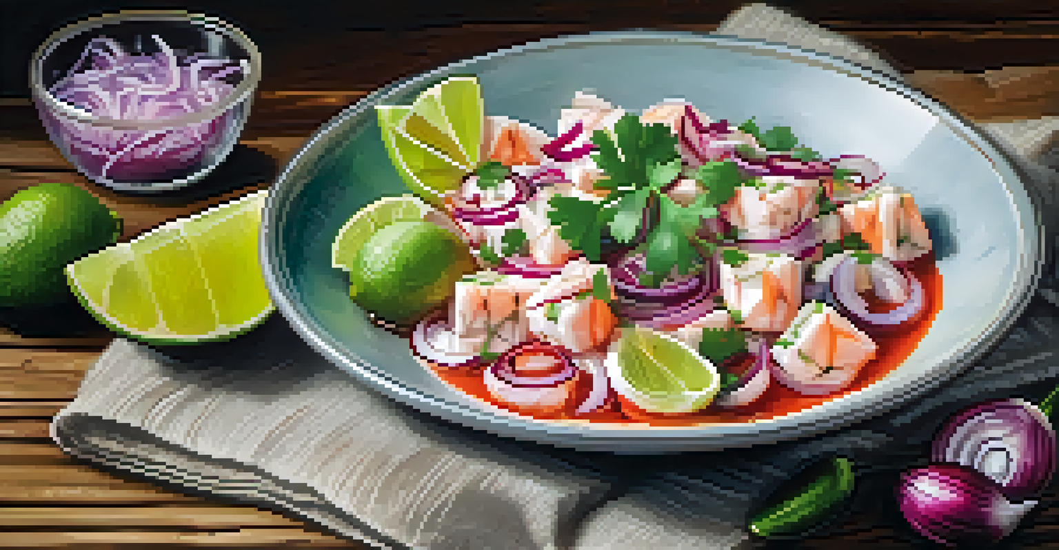 A close-up of a traditional Peruvian ceviche with fresh fish, cilantro, and lime, beautifully plated on a rustic wooden table.