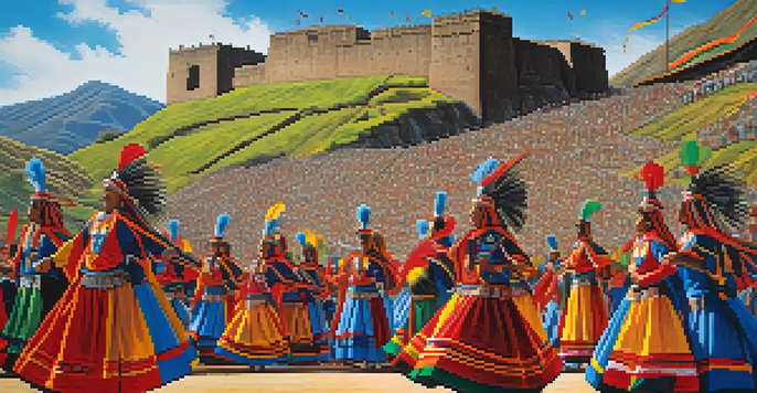 A lively performance at the Inti Raymi festival featuring Inca dancers in colorful costumes in front of the Sacsayhuamán fortress.