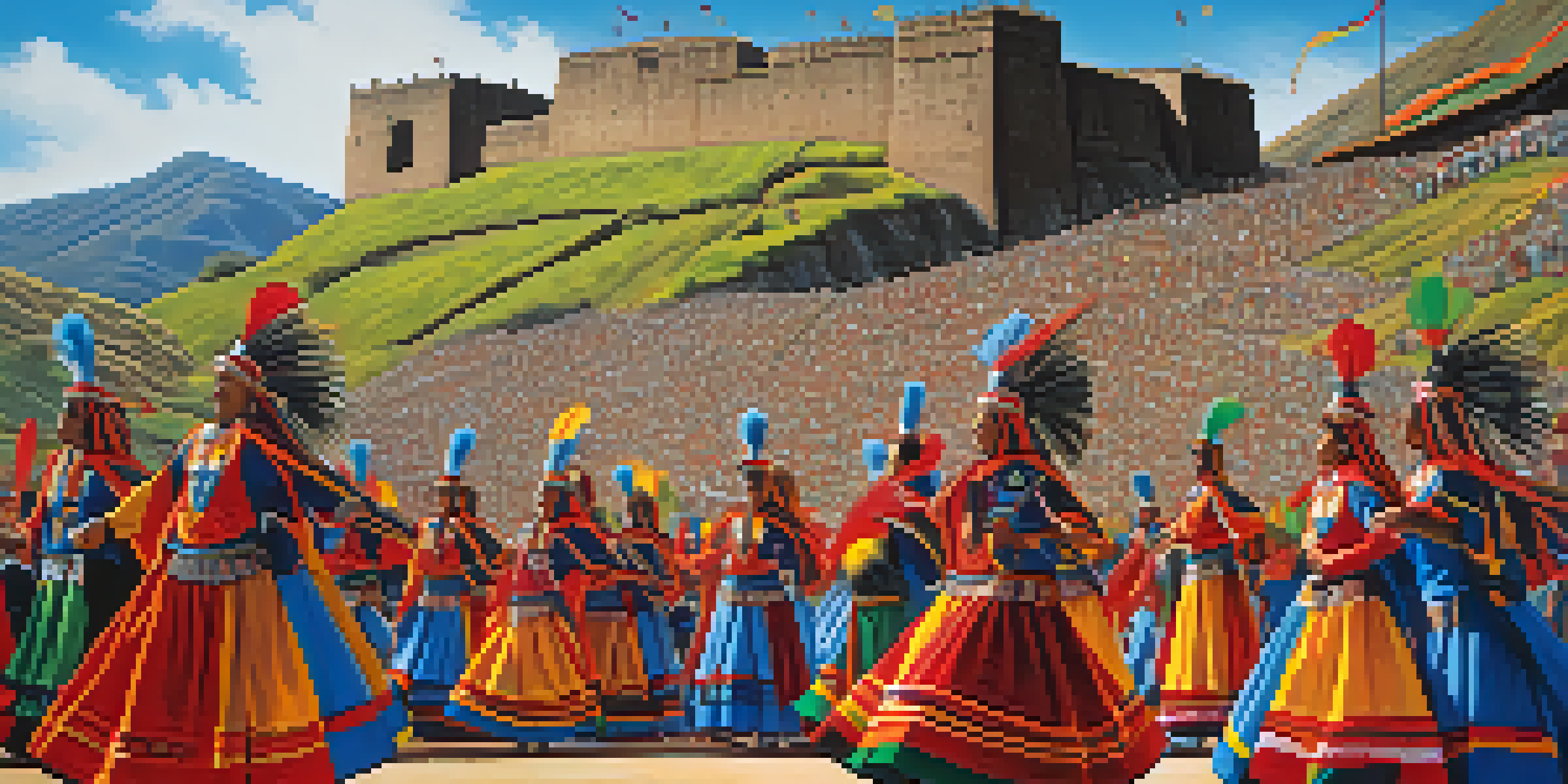 A lively performance at the Inti Raymi festival featuring Inca dancers in colorful costumes in front of the Sacsayhuamán fortress.