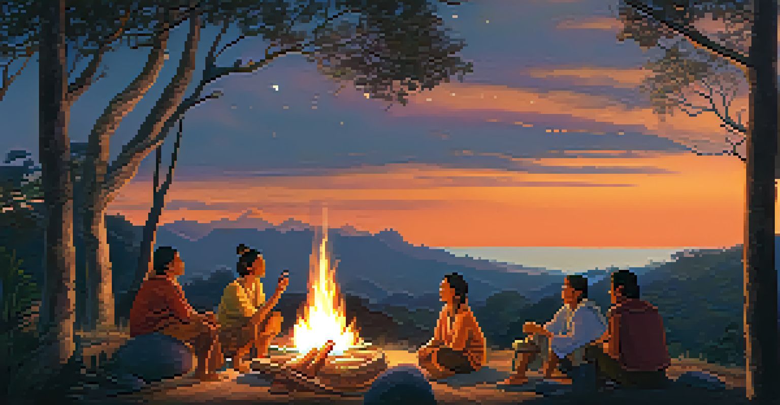 An indigenous storyteller sharing tales of the Chullachaqui around a fire at dusk, surrounded by attentive listeners in a lush jungle environment.