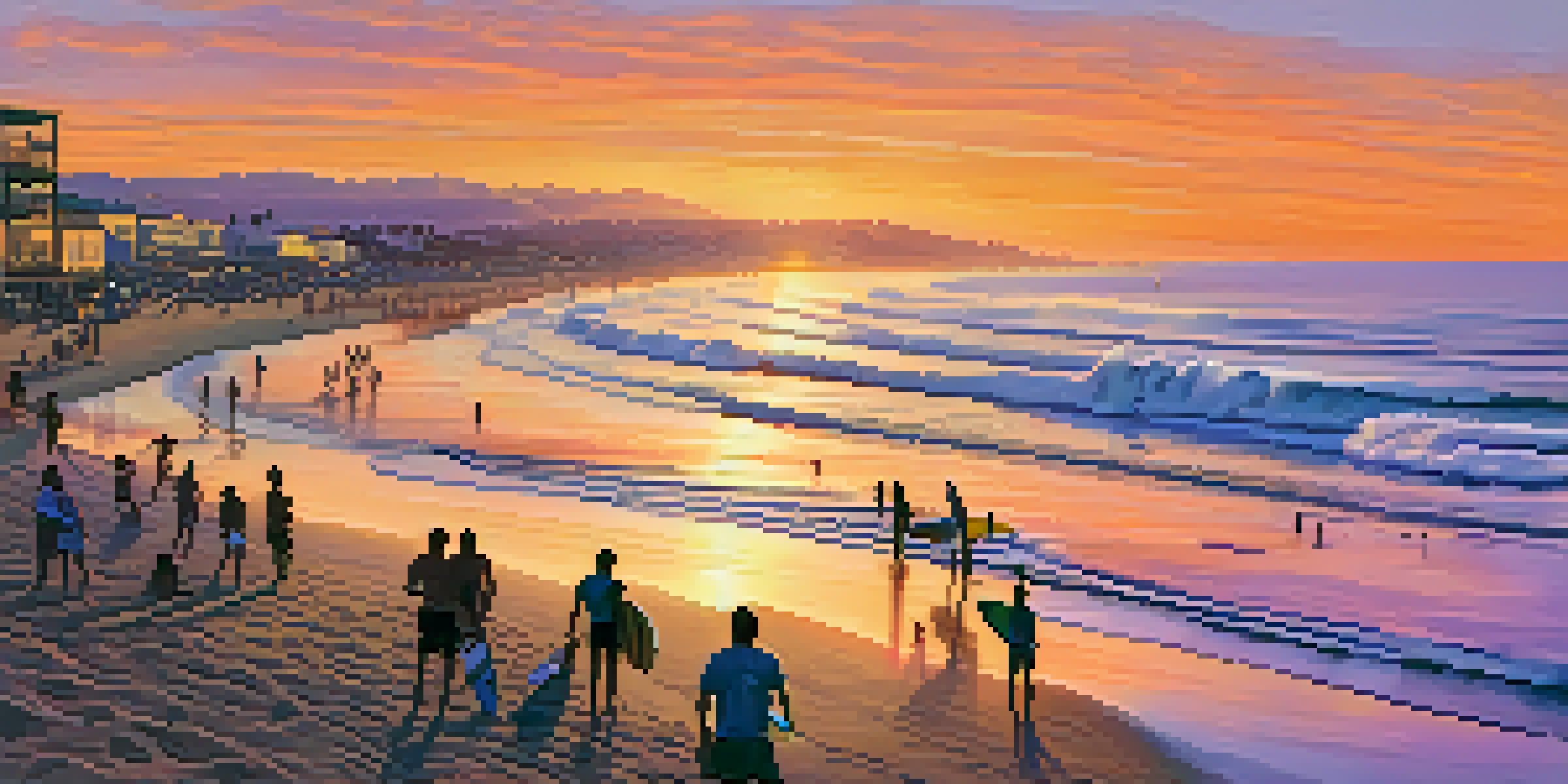 A sunset view of Punta Hermosa beach with surfers riding waves and colorful skies.