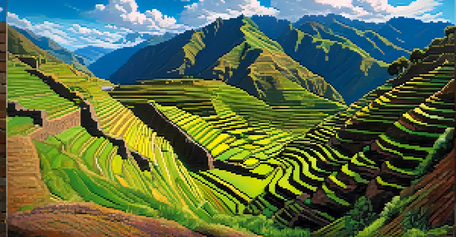 Inca agricultural terraces of Pisac with lush green hillsides and a clear blue sky, highlighting the connection between nature and Inca engineering.