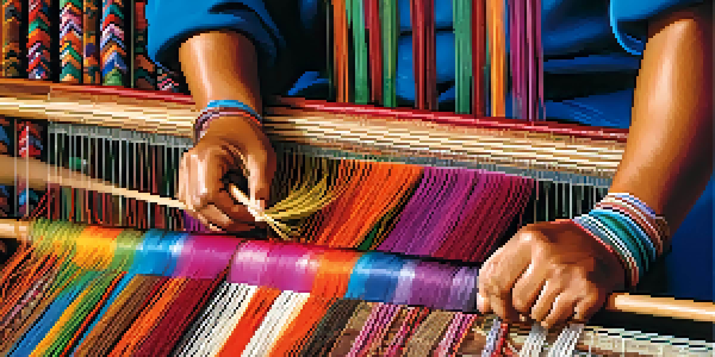A Peruvian artisan weaving on a backstrap loom, showcasing vibrant patterns and colorful yarns in a mountainous landscape.