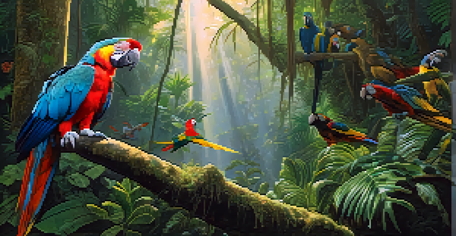 A vibrant Amazon Rainforest scene with diverse plants, animals, and a local guide observing a macaw.