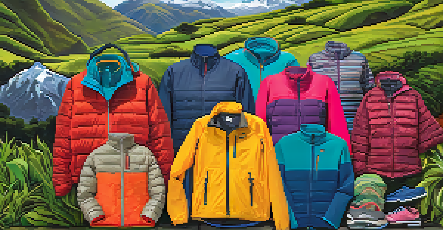A neatly packed backpack filled with colorful layered clothing against a vibrant Peruvian landscape.