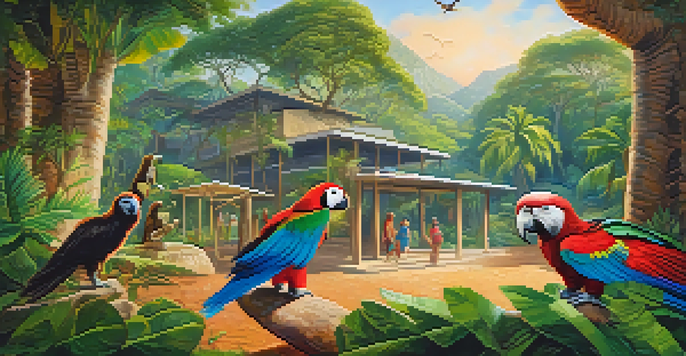 A wildlife rehabilitation center in Peru with various animals including an Andean condor, macaws, and a jaguar, set in a lush green environment with sunlight filtering through the leaves.